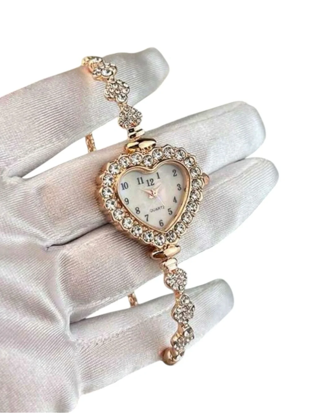 Womens Heart Quartz Watch Rose Gold Tone Rhinestone Adjustable Slider Bracelet⁠
